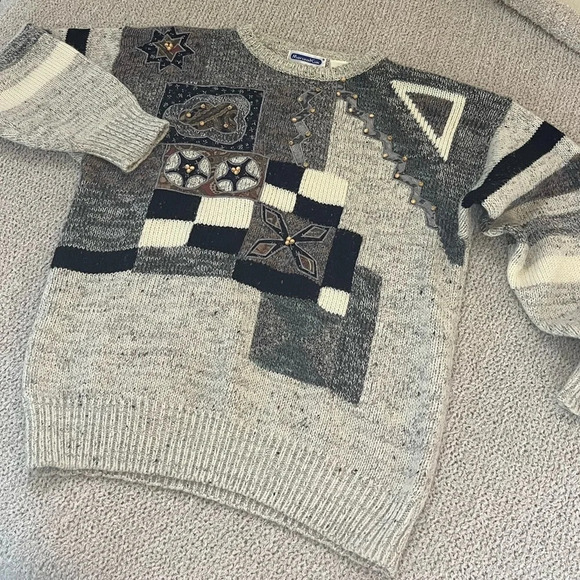 Vintage 90s Mariea Kim embroidered wool blend sweater grey women’s size M medium - Picture 1 of 9